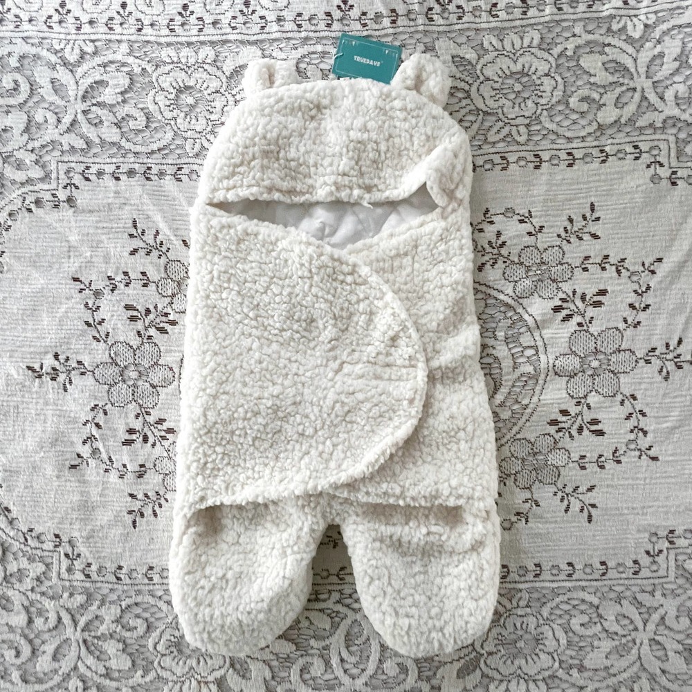 NEW Baby Infant 0-6 Month Cream Color Sherpa Fleece Bear Hooded Swaddle Suit